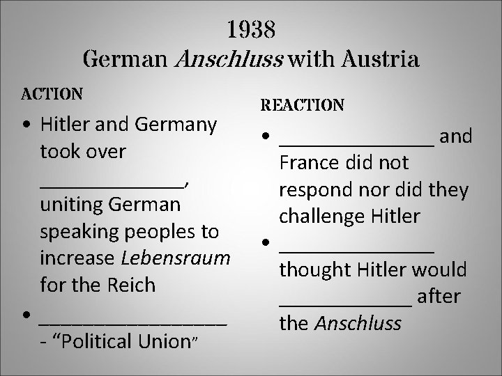 1938 German Anschluss with Austria ACTION • Hitler and Germany took over _______, uniting