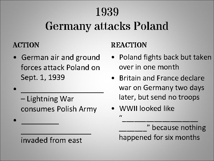 1939 Germany attacks Poland ACTION REACTION • German air and ground • Poland fights