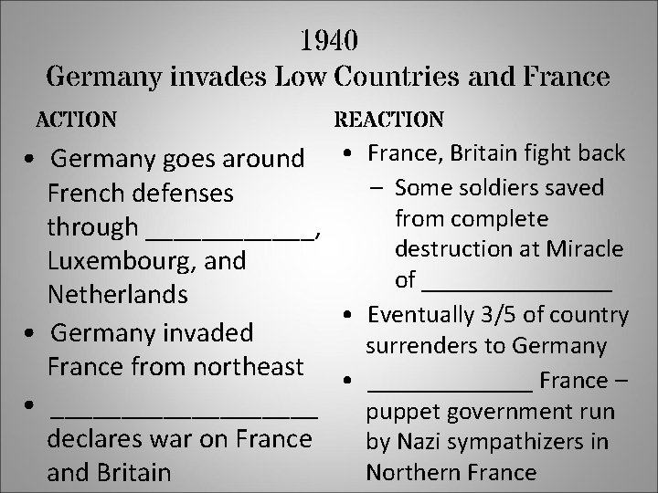 1940 Germany invades Low Countries and France ACTION REACTION • Germany goes around •