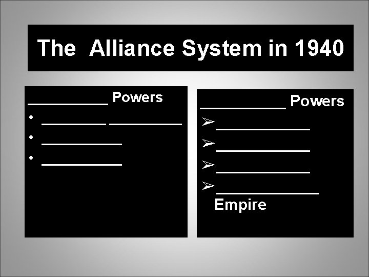 The Alliance System in 1940 _____ Powers • __________ _____ Powers ➢____________ Empire 