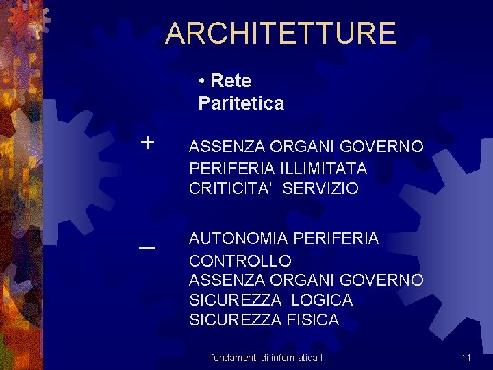 ARCHITETTURE • Rete Paritetica + _ ASSENZA ORGANI GOVERNO PERIFERIA ILLIMITATA CRITICITA’ SERVIZIO AUTONOMIA