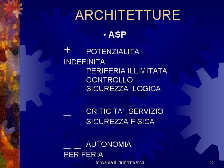 ARCHITETTURE • ASP + POTENZIALITA’ INDEFINITA PERIFERIA ILLIMITATA CONTROLLO SICUREZZA LOGICA _ CRITICITA’ SERVIZIO