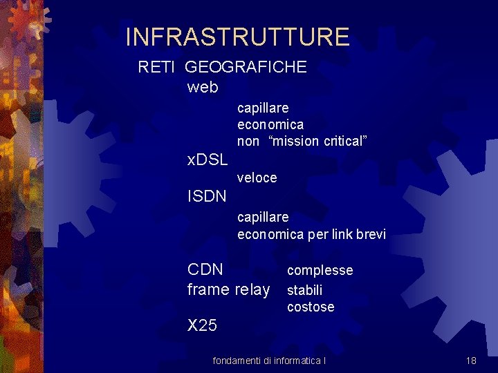 INFRASTRUTTURE RETI GEOGRAFICHE web capillare economica non “mission critical” x. DSL veloce ISDN capillare