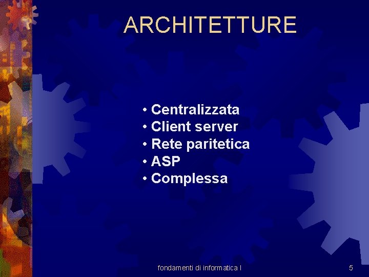 ARCHITETTURE • Centralizzata • Client server • Rete paritetica • ASP • Complessa fondamenti ARCHITETTURE • Centralizzata • Client server • Rete paritetica • ASP • Complessa fondamenti