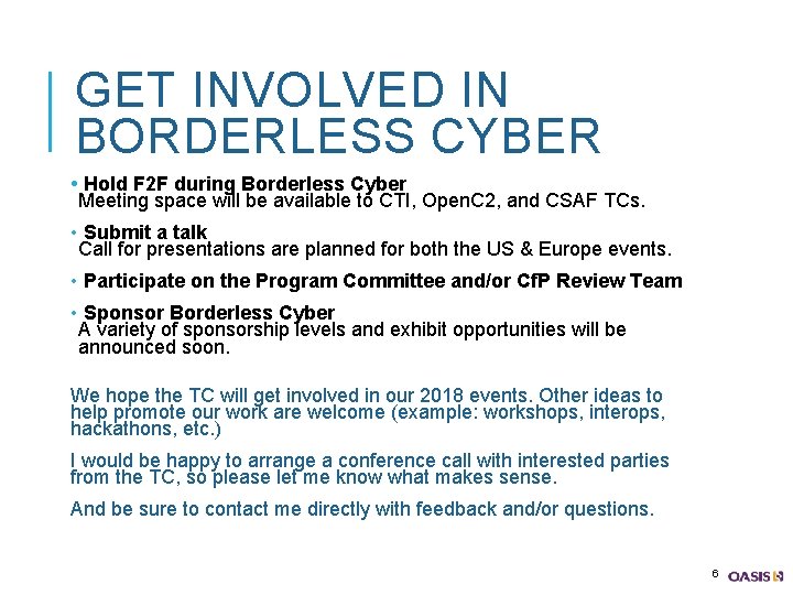 OASIS CYBER SECURITYRELATED ACTIVITIES PLANNED FOR 2018 1