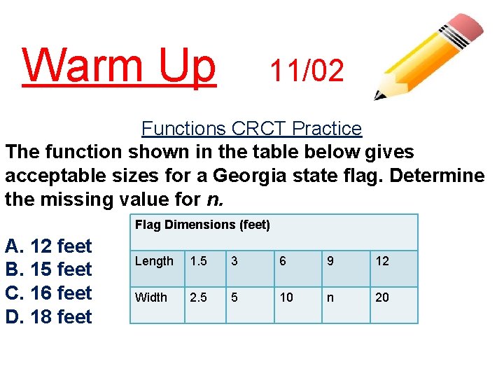 Warm Up 11/02 Functions CRCT Practice The function shown in the table below gives