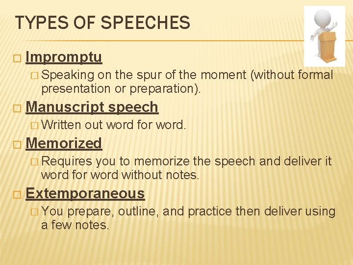 TYPES OF SPEECHES � Impromptu � Speaking on the spur of the moment (without