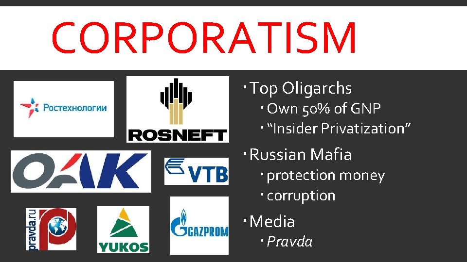 CORPORATISM Top Oligarchs Own 50% of GNP “Insider Privatization” Russian Mafia protection money corruption