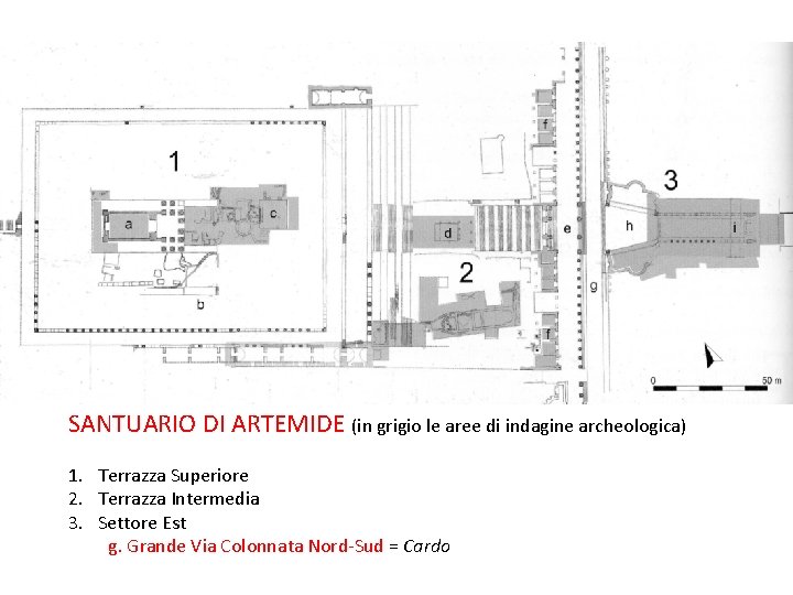 SANTUARIO DI ARTEMIDE (in grigio le aree di indagine archeologica) 1. Terrazza Superiore 2.