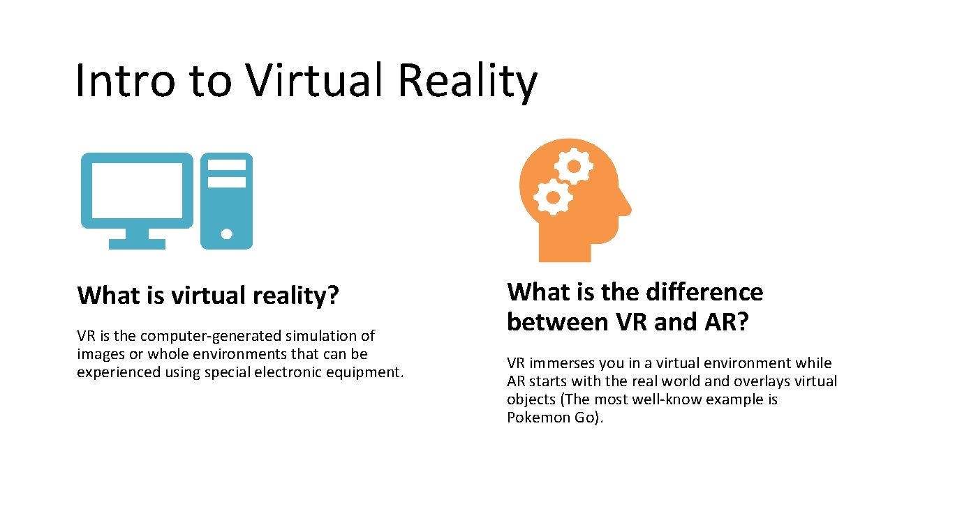 Intro to Virtual Reality What is virtual reality? VR is the computer-generated simulation of