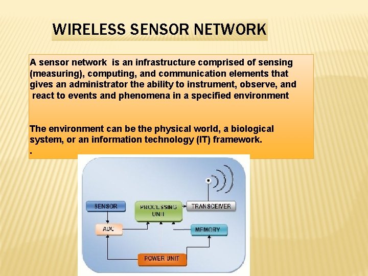 WIRELESS SENSOR NETWORK A sensor network is an infrastructure comprised of sensing (measuring), computing,