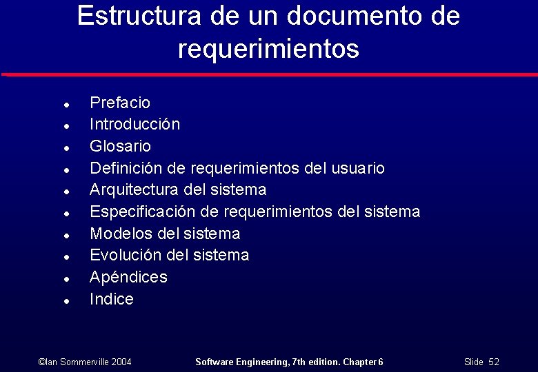 Estructura de un documento de requerimientos l l l l l Prefacio Introducción Glosario