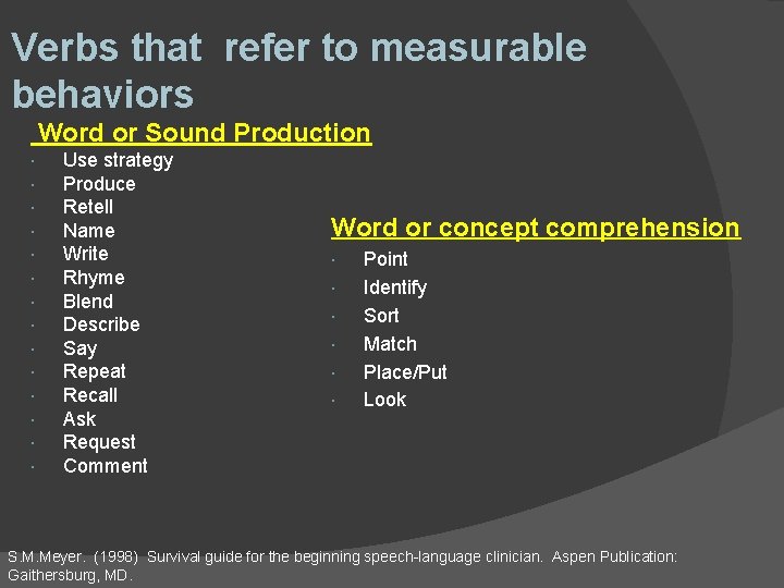 Verbs that refer to measurable behaviors Word or Sound Production Use strategy Produce Retell