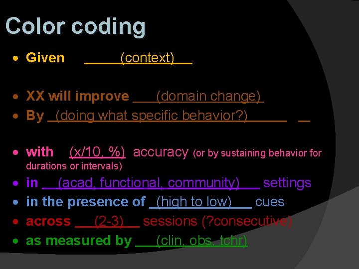 Color coding Given (context) XX will improve (domain change) By (doing what specific behavior?