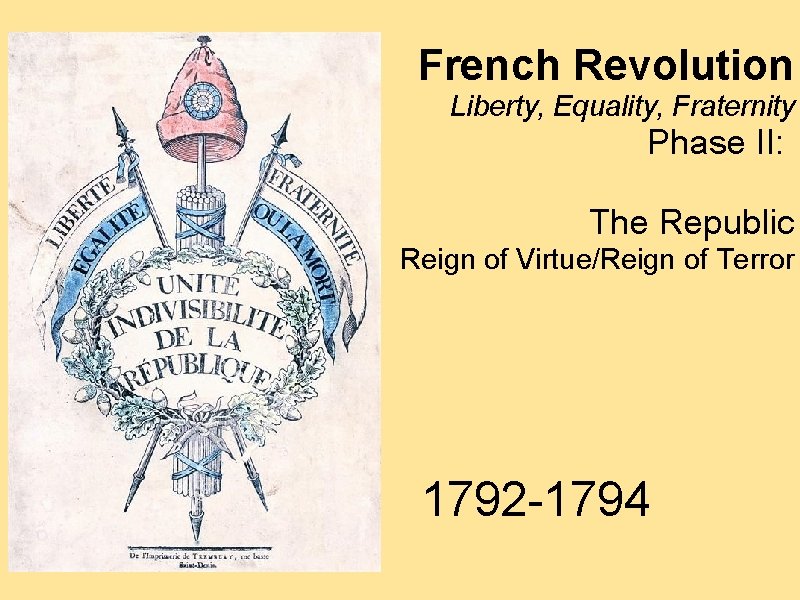 French Revolution Liberty, Equality, Fraternity Phase II: The Republic Reign of Virtue/Reign of Terror