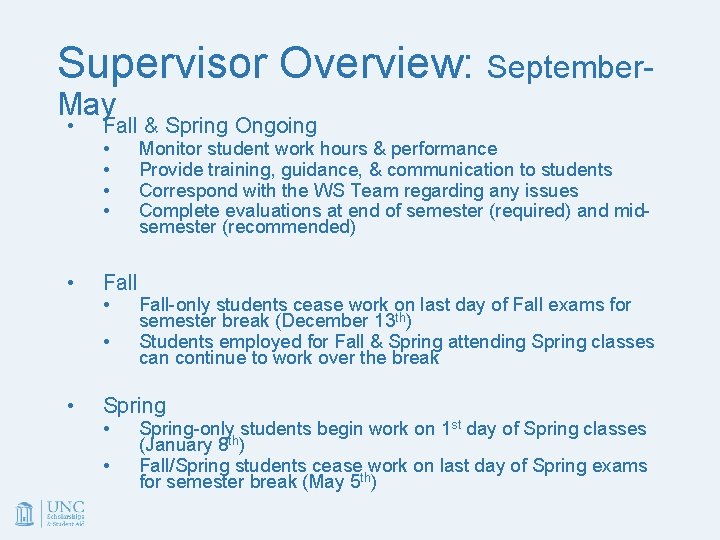 Supervisor Overview: September. May • Fall & Spring Ongoing • Fall • • Monitor