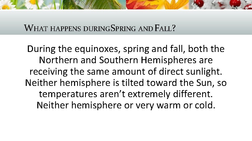 WHAT HAPPENS DURING SPRING AND FALL? During the equinoxes, spring and fall, both the