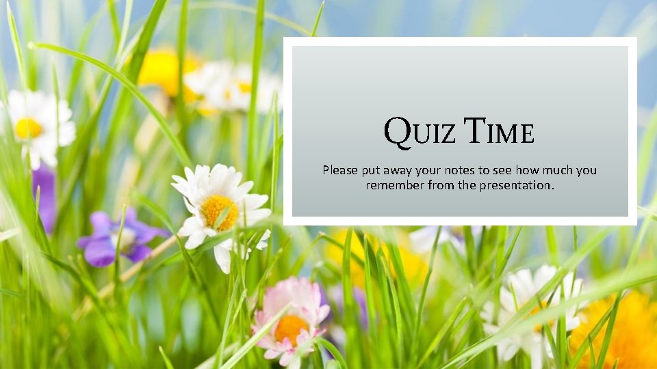 QUIZ TIME Please put away your notes to see how much you remember from