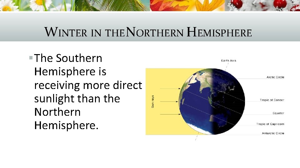 WINTER IN THE NORTHERN HEMISPHERE § The Southern Hemisphere is receiving more direct sunlight