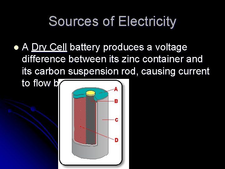 Sources of Electricity l A Dry Cell battery produces a voltage difference between its