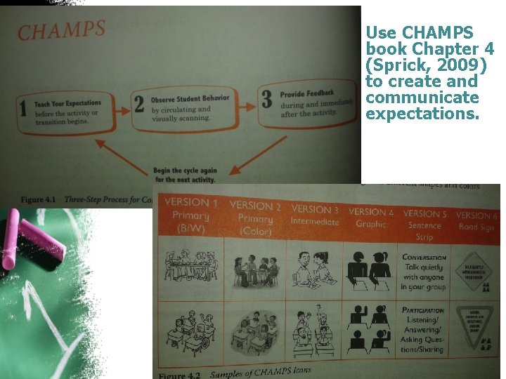 Use CHAMPS book Chapter 4 (Sprick, 2009) to create and communicate expectations. 