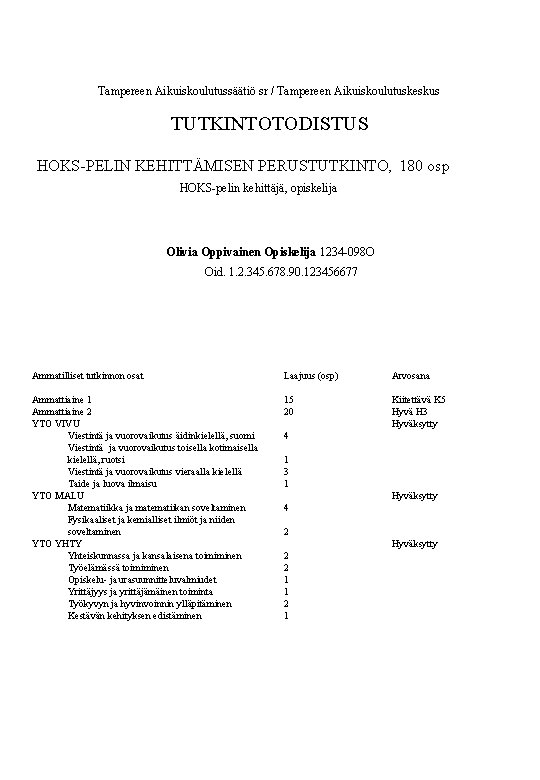 Tampereen Aikuiskoulutussäätiö sr / Tampereen Aikuiskoulutuskeskus TUTKINTOTODISTUS HOKS-PELIN KEHITTÄMISEN PERUSTUTKINTO, 180 osp HOKS-pelin kehittäjä,