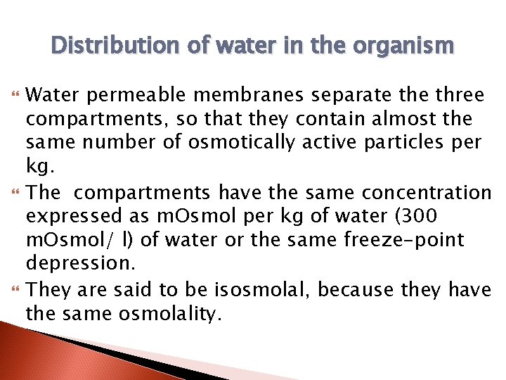 Distribution of water in the organism Water permeable membranes separate three compartments, so that