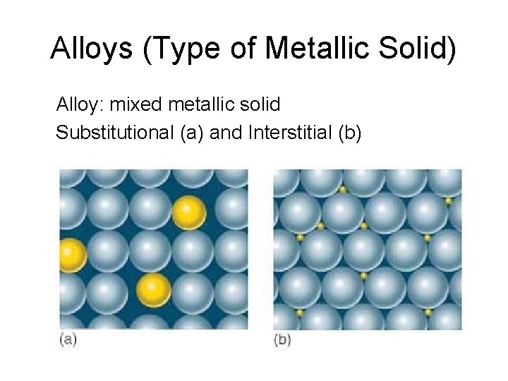 Alloys (Type of Metallic Solid) Alloy: mixed metallic solid Substitutional (a) and Interstitial (b)