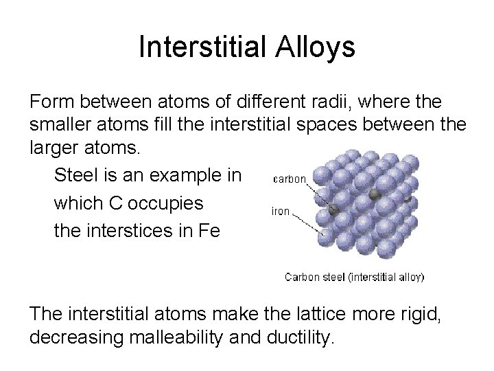 Interstitial Alloys Form between atoms of different radii, where the smaller atoms fill the