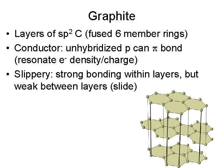 Graphite • Layers of sp 2 C (fused 6 member rings) • Conductor: unhybridized