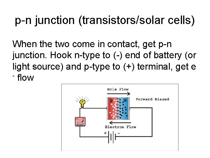 p-n junction (transistors/solar cells) When the two come in contact, get p-n junction. Hook