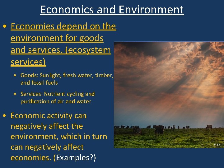 Economics and Environment • Economies depend on the environment for goods and services. (ecosystem
