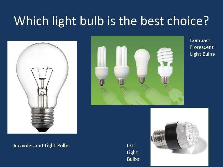 Which light bulb is the best choice? Compact Florescent Light Bulbs Incandescent Light Bulbs