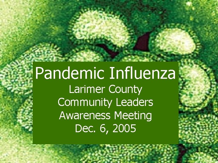 Pandemic Influenza Larimer County Community Leaders Awareness Meeting Dec. 6, 2005 