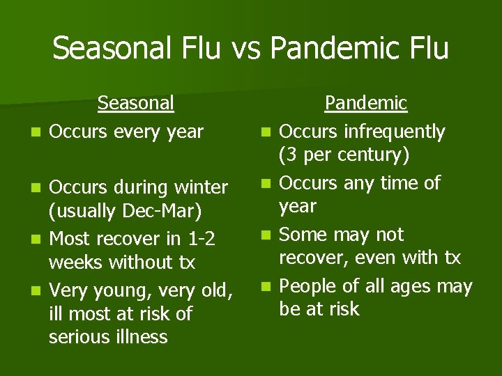 Seasonal Flu vs Pandemic Flu Seasonal n Occurs every year Occurs during winter (usually