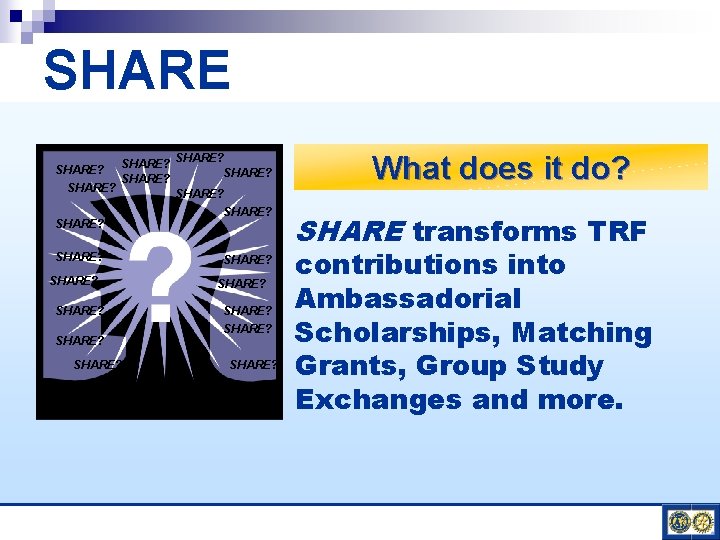 SHARE? SHARE? SHARE? SHARE? SHARE? SHARE? What does it do? SHARE transforms TRF contributions