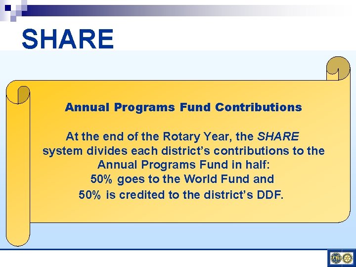 SHARE Annual Programs Fund Contributions At the end of the Rotary Year, the SHARE