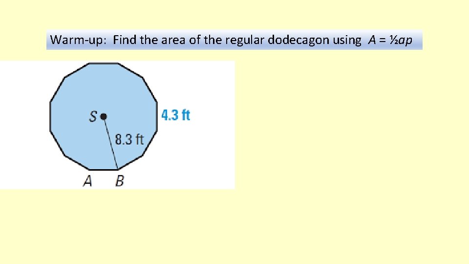 Warm-up: Find the area of the regular dodecagon using A = ½ap 