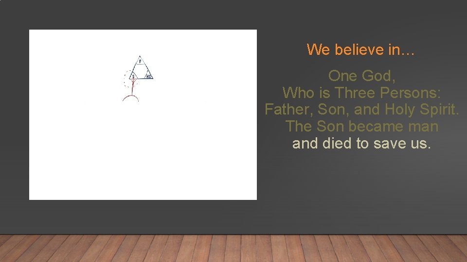 We believe in… One God, Who is Three Persons: Father, Son, and Holy Spirit.