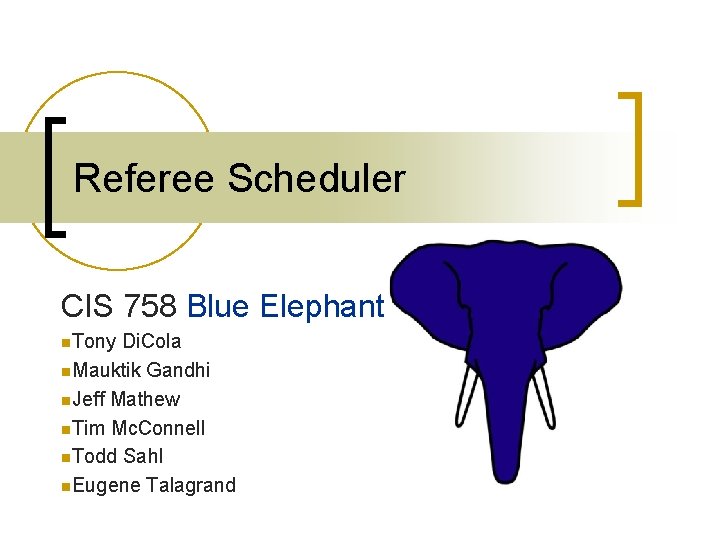 Referee Scheduler CIS 758 Blue Elephant n. Tony Di. Cola n. Mauktik Gandhi n.