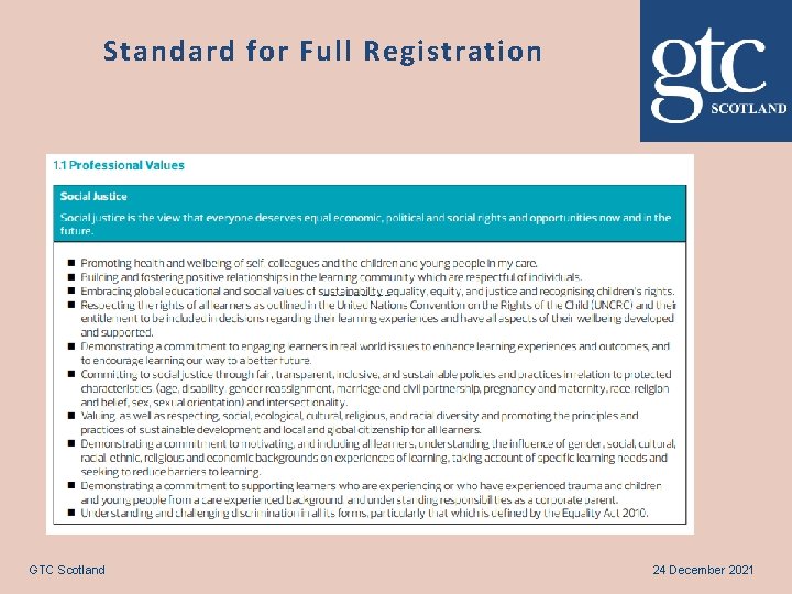 Standard for Full Registration GTC Scotland 24 December 2021 