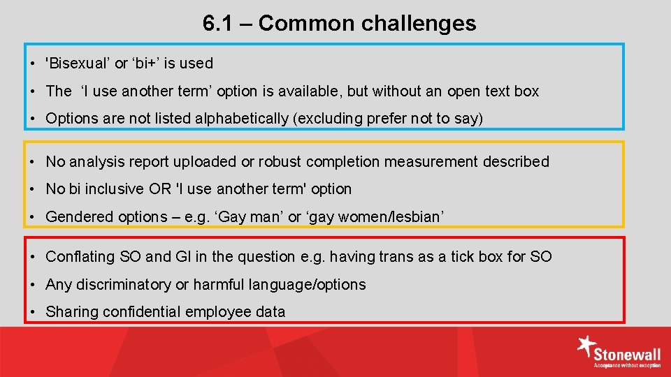 6. 1 – Common challenges • 'Bisexual’ or ‘bi+’ is used • The ‘I