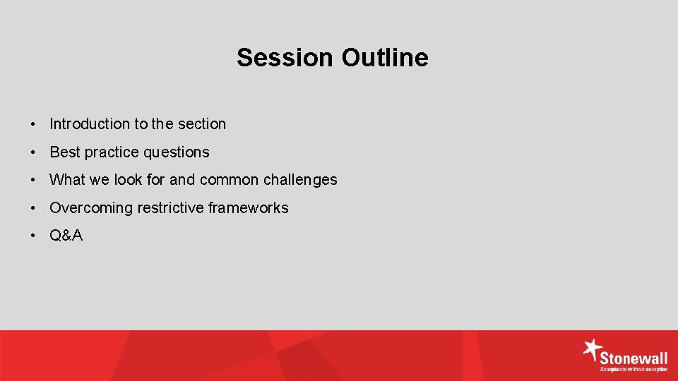 Session Outline • Introduction to the section • Best practice questions • What we