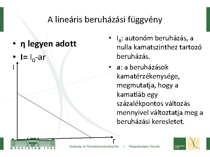 A lineáris beruházási függvény • η legyen adott • I= I 0 -ar I