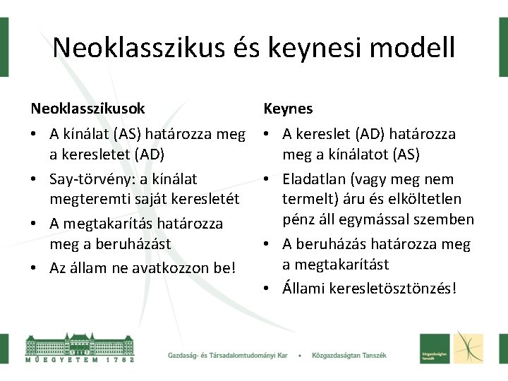 Neoklasszikus és keynesi modell Neoklasszikusok Keynes • A kínálat (AS) határozza meg a keresletet