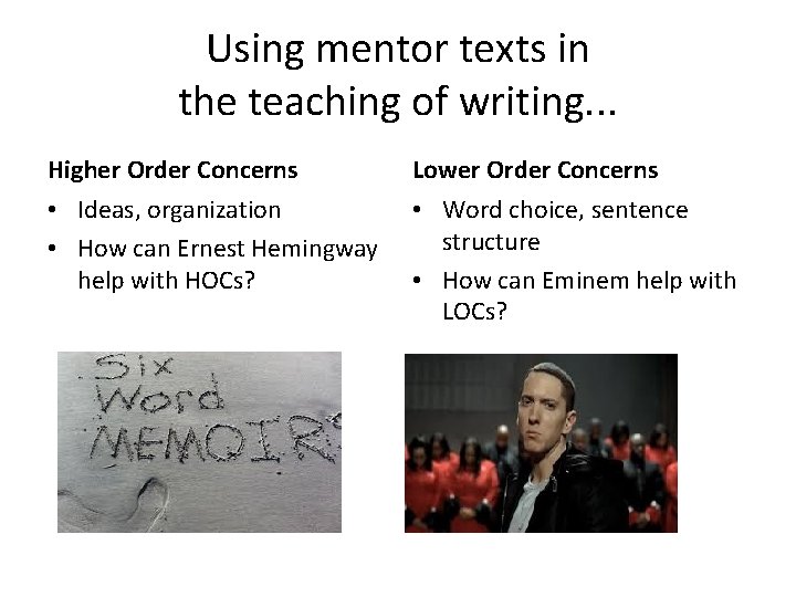 Using mentor texts in the teaching of writing. . . Higher Order Concerns Lower