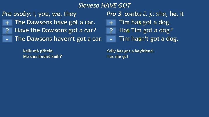 Sloveso HAVE GOT Pro osoby: I, you, we, they Pro 3. osobu č. j.