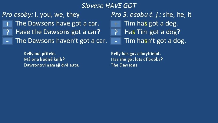 Sloveso HAVE GOT Pro osoby: I, you, we, they Pro 3. osobu č. j.