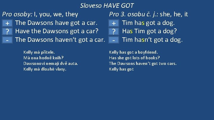 Sloveso HAVE GOT Pro osoby: I, you, we, they Pro 3. osobu č. j.