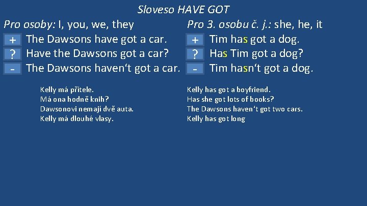 Sloveso HAVE GOT Pro osoby: I, you, we, they Pro 3. osobu č. j.